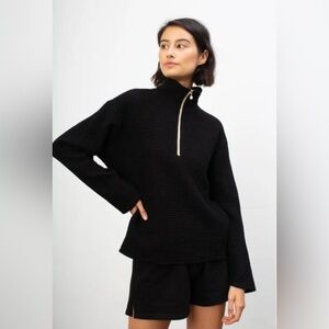 DONNI. Black Waffle-Knit Quarter-Zip Pullover with Pearl Zipper